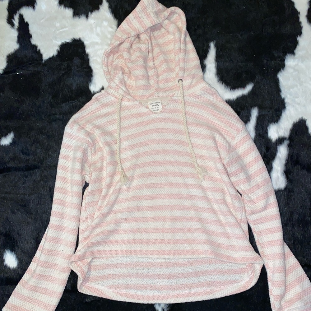 Pink and White Stripped Pull Over Hoodie